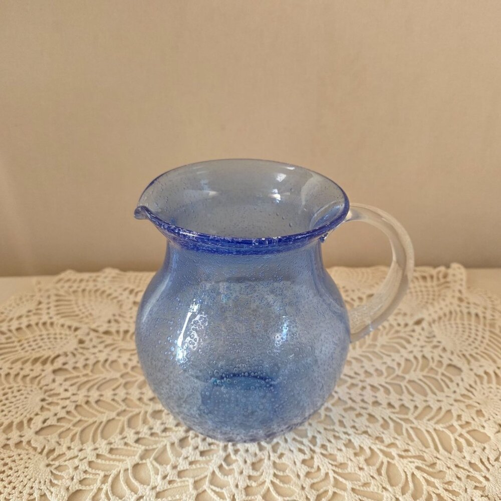 Vintage Cobalt Handblown Bubble Glass Pitcher With Clear Applied Handle - Picture 8 of 16